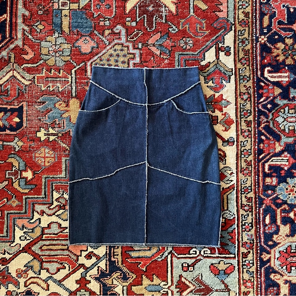 1999 Runway CHANEL Raw Edge Denim Paneled Skirt